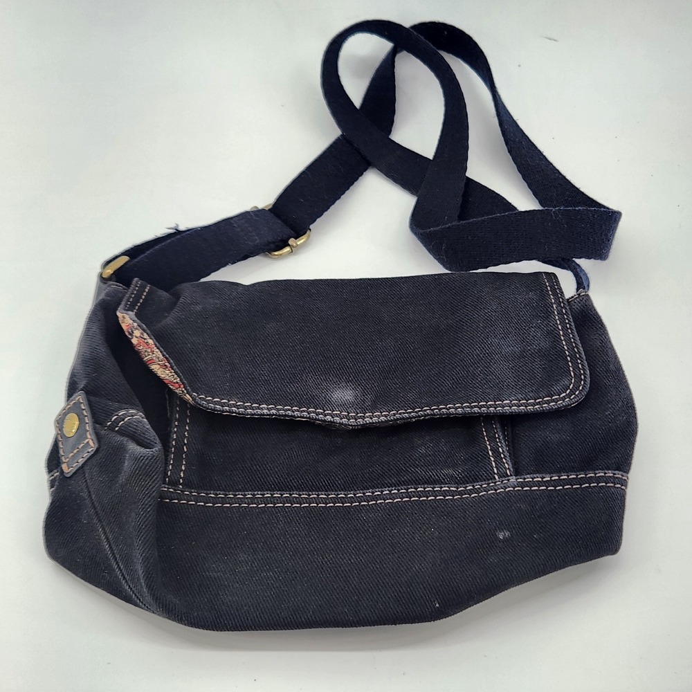 Genuine Fossil 75082 Crossbody Bag Tapestry Canvas Leather Trim Flap Purse